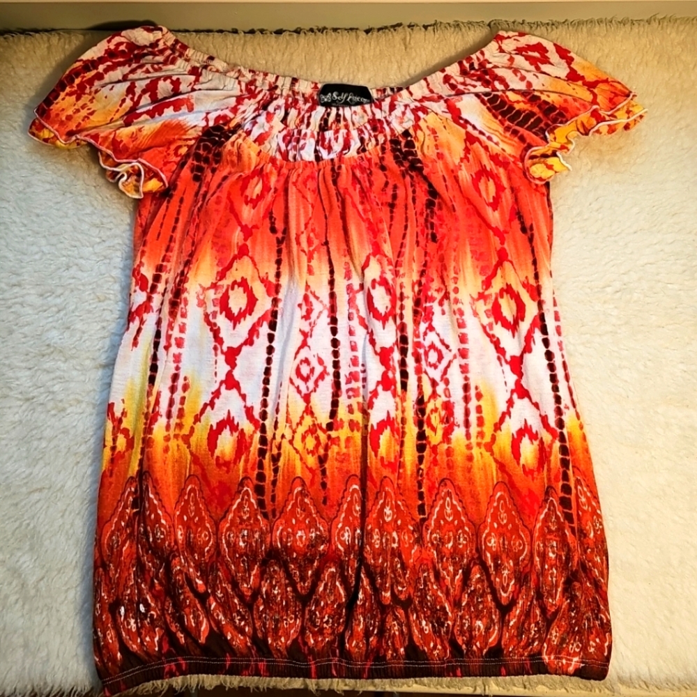 Self Esteem Womens Medium Top Banded Waist Boho Pullover Flutter Sleeve Tie Dye